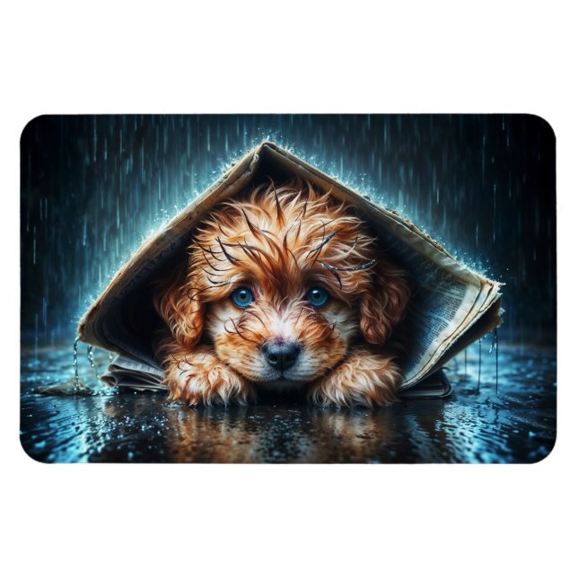 Íman Cachorro bonito no dia da chuva com a arte azul (Horizontal)