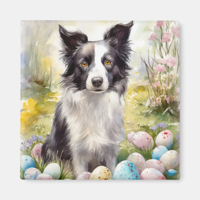 Íman Cachorro Border Collie com Ovos de Páscoa Feriado (Frente)