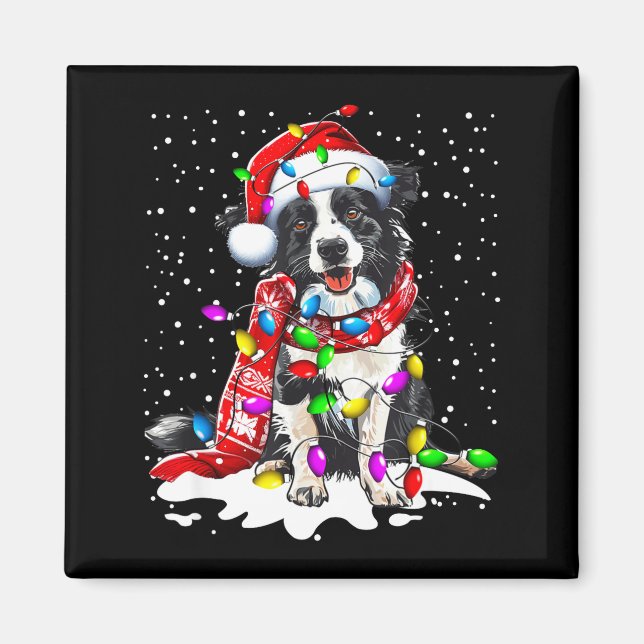 Íman Cachorro Border Collie Iluminando Chapéu de Natal  (Frente)