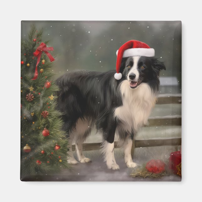 Íman Cachorro Border Collie na Neve Natal (Frente)