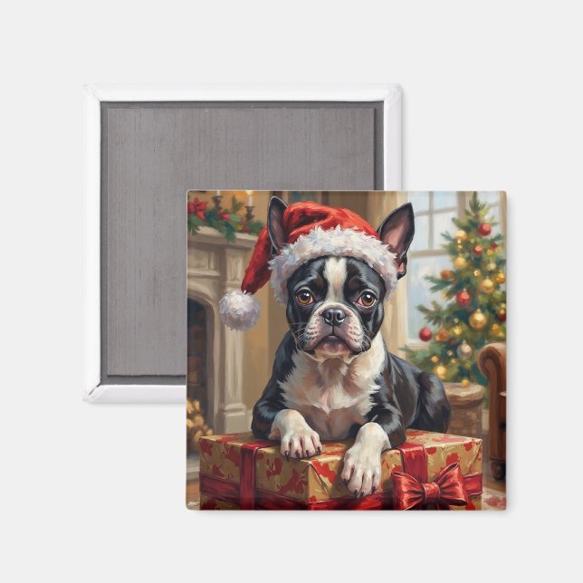 Íman Cachorro Boston Terrier Elegante Presente de Natal (Front/Back)