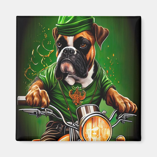 Íman Cachorro Boxer Dirigindo Bicicleta Dia de São Patr (Frente)