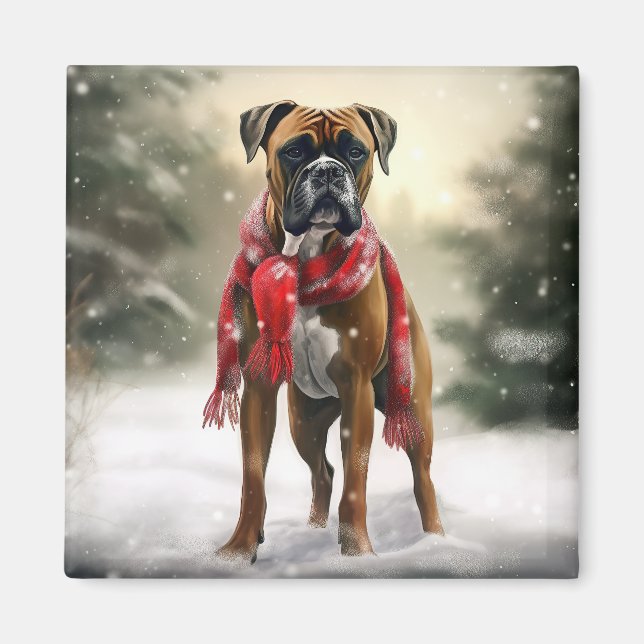 Íman Cachorro Boxer na Neve Natal (Frente)