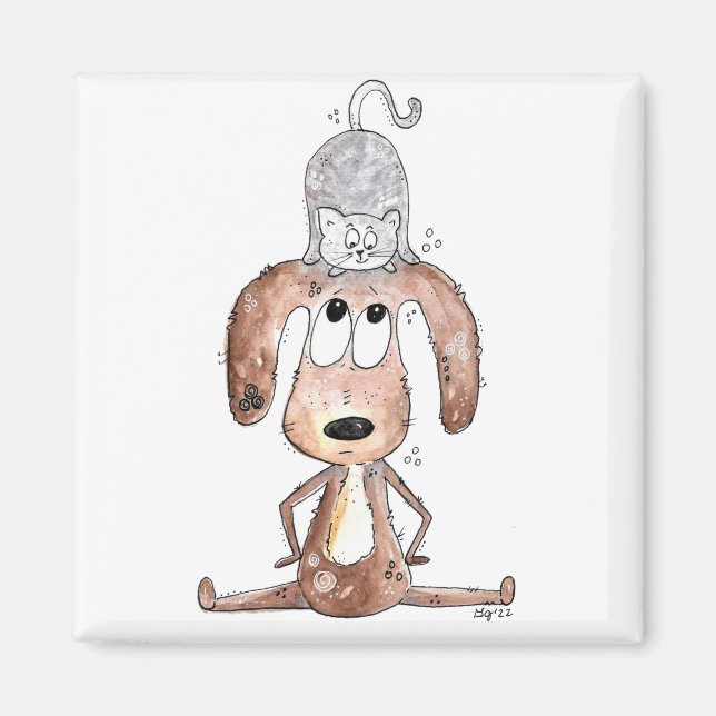 Íman Cachorro Branco Bonito com Gato na Cabeça (Frente)