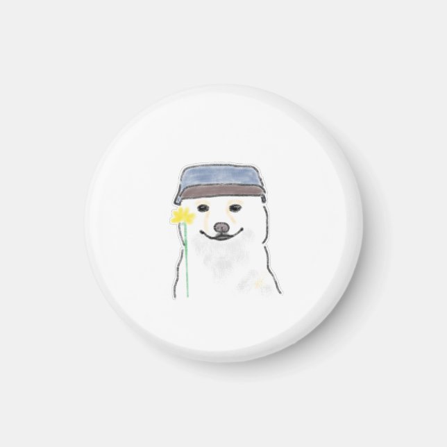 Íman Cachorro Branco Fofo Usando Chapéu Segurando Flor  (Frente)