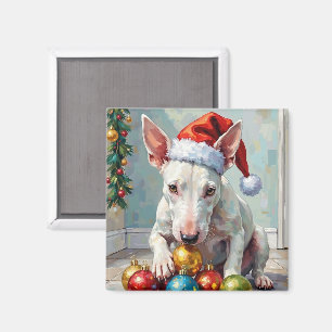 Íman Cachorro Bull Terrier Brincalhão Guardando o Natal
