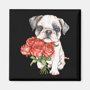Íman Cachorro bulldog fofo em aquarela segurando rosas