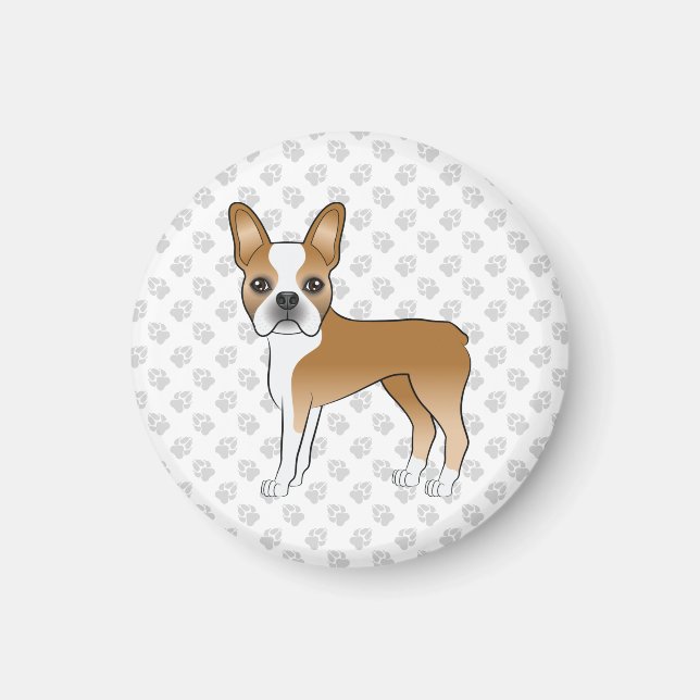 Íman Cachorro Cartoon Boston Terrier Bege e Branco & Pa (Frente)