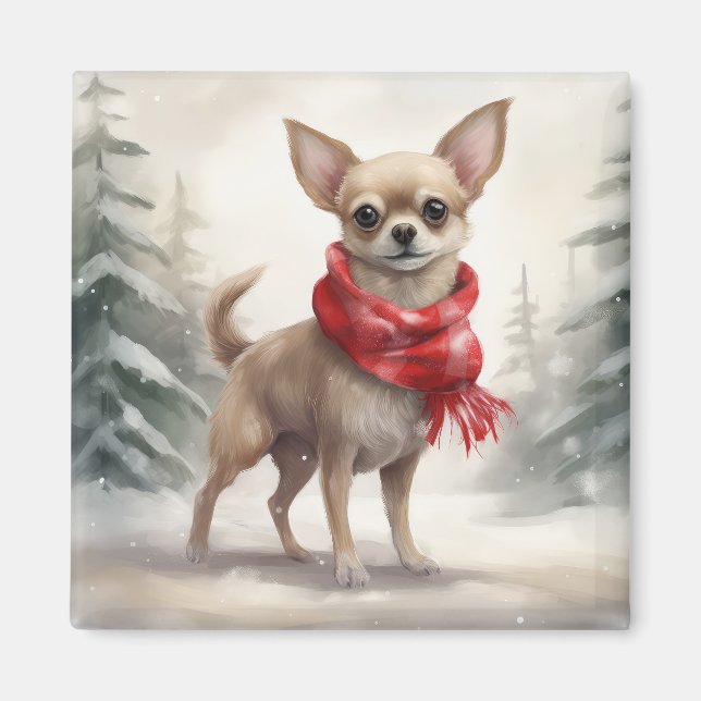 Íman Cachorro Chihuahua na neve Natal  (Frente)