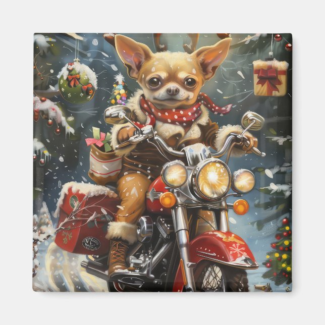 Íman Cachorro Chihuahua Pilotando Moto Natal  (Frente)