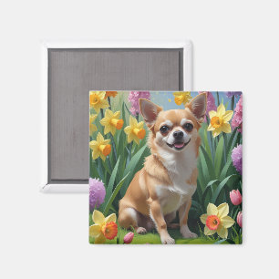 Íman Cachorro Chihuahua Pintura de Flores da Primavera