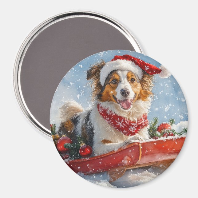 Íman Cachorro Collie em Sledge Deixe-o nevar no Natal (Front/Back)