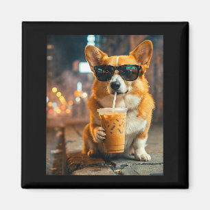 Íman Cachorro corgi bebendo café gelado meme engraçado