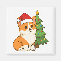 Cachorro Corgi Fofo com um Chapéu Vermelho com Árv