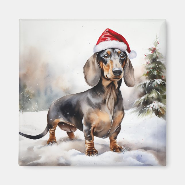 Íman Cachorro Dachshund na Neve Natal (Frente)