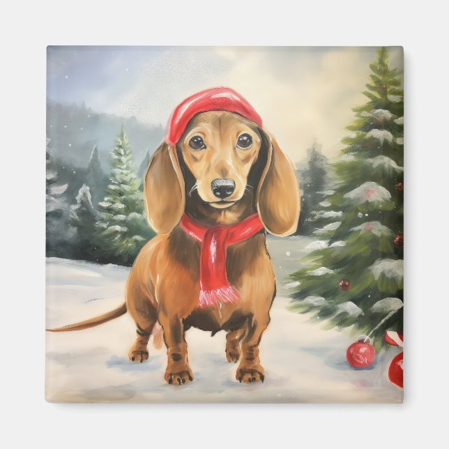 Íman Cachorro Dachshund na Neve Natal  (Frente)