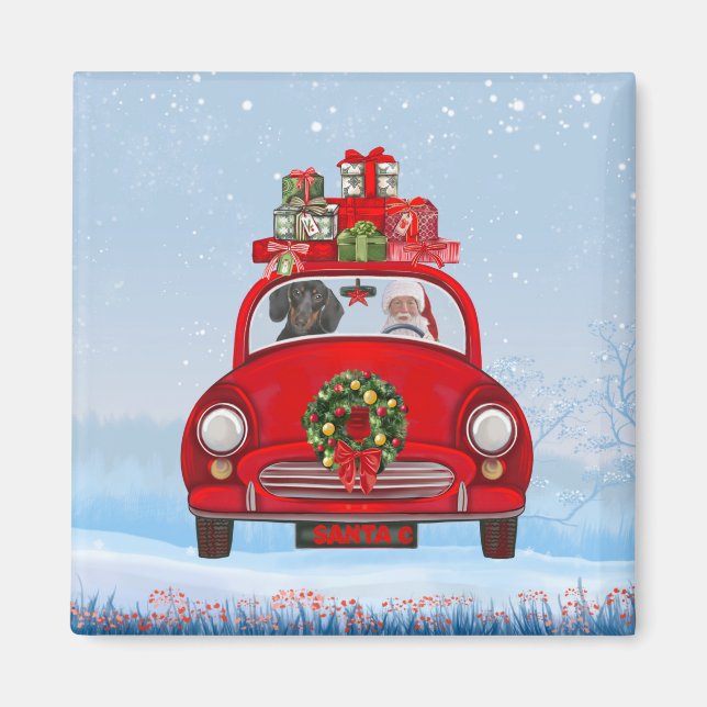 Íman Cachorro Dachshund no carro com Papai Noel  (Frente)