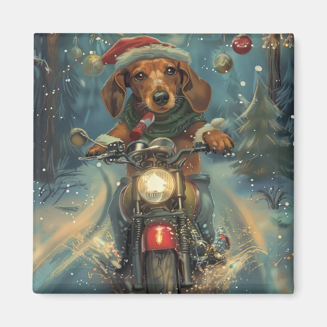 Íman Cachorro Dachshund Pilotando Moto Natal (Frente)