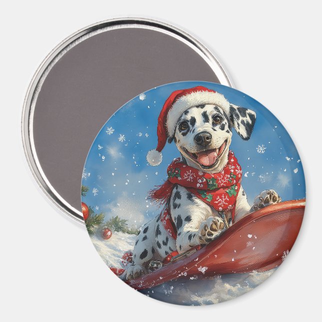 Íman Cachorro Dalmático em Sledge Deixe-o nevar no Nata (Front/Back)