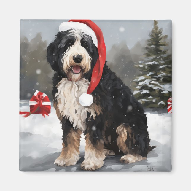 Íman Cachorro de Bernedoodle no Natal da Neve (Frente)