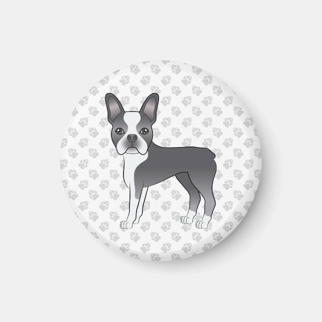 Íman Cachorro de desenho animado Boston Terrier azul e  (Frente)