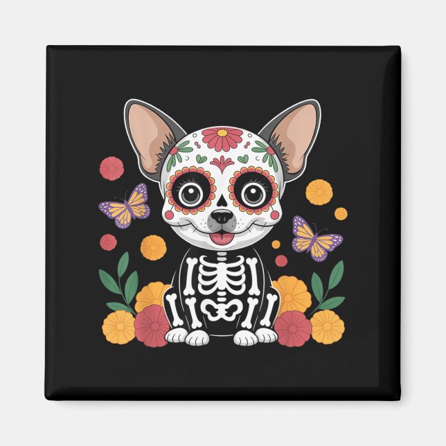 Íman Cachorro de Halloween Chihuahua Caveira de Açúcar (Frente)