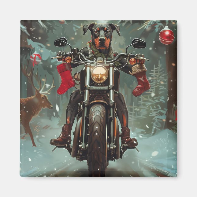 Íman Cachorro Doberman Andando de Motocicleta Natal (Frente)