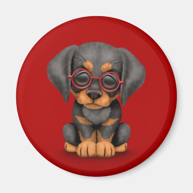 Íman Cachorro Doberman com Óculos de Leitura, vermelho (Frente)