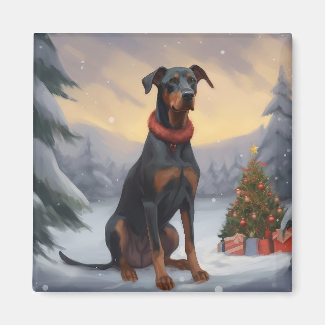 Íman Cachorro Doberman no Natal da Neve (Frente)
