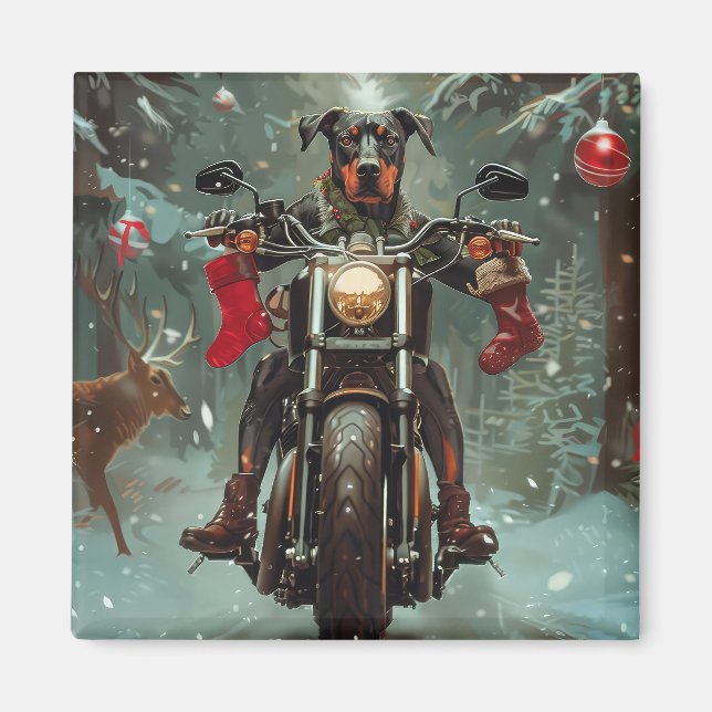 Íman Cachorro Doberman Pilotando Moto Natal (Frente)