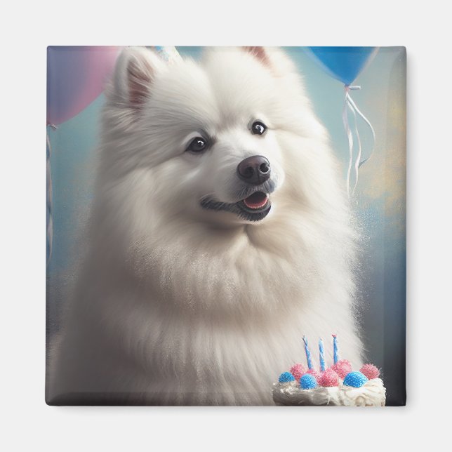 Íman Cachorro esquimó americano com balões de aniversár (Frente)