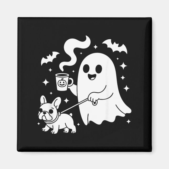 Íman Cachorro Fantasma Bulldogue Francês Café Halloween (Frente)