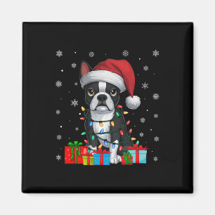 Íman Cachorro Feio Xmas Luzes Santa Hat Boston Terrier