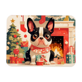 Íman Cachorro francês fofo ao lado da lareira de Natal