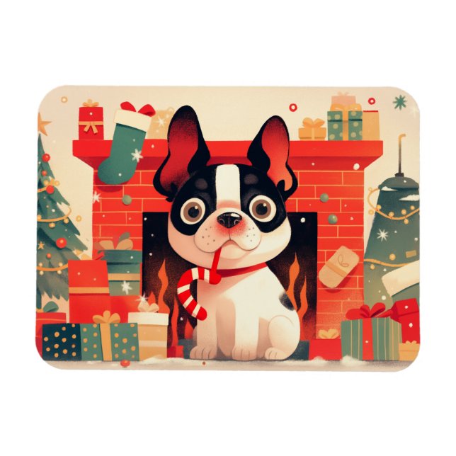 Íman Cachorro francês fofo perto da lareira de Natal (Horizontal)