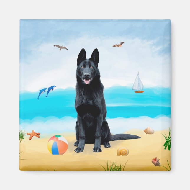 Íman Cachorro German shepherd Negro na praia (Frente)