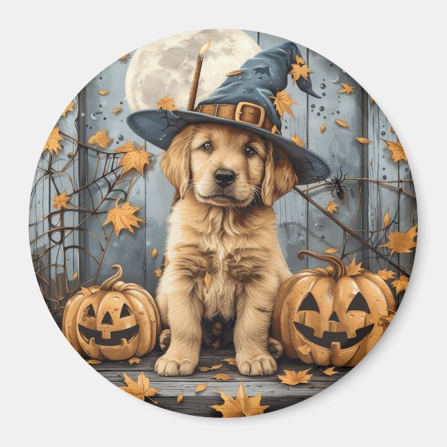 Íman Cachorro Golden Retriever de Halloween com Abóbora (Frente)