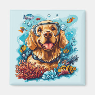 Íman Cachorro Golden Retriever Snorkeling Recife de Cor