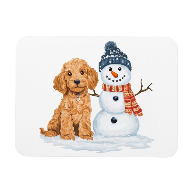 Íman Cachorro Goldendoodle de Inverno Boneco de Neve Fo (Horizontal)