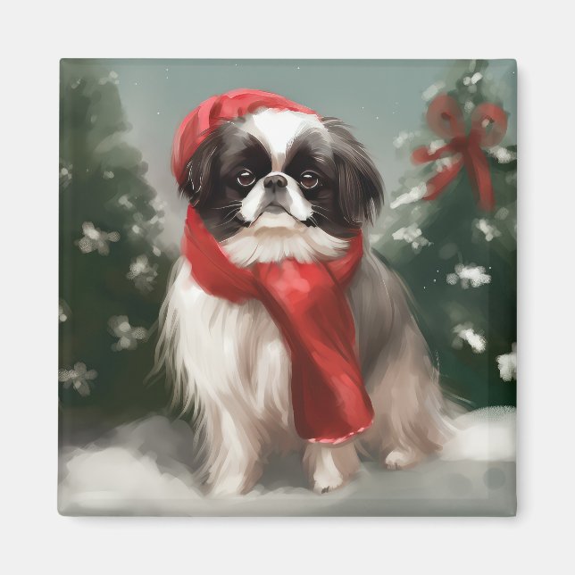 Íman Cachorro Japonês Chin na Neve Natal (Frente)