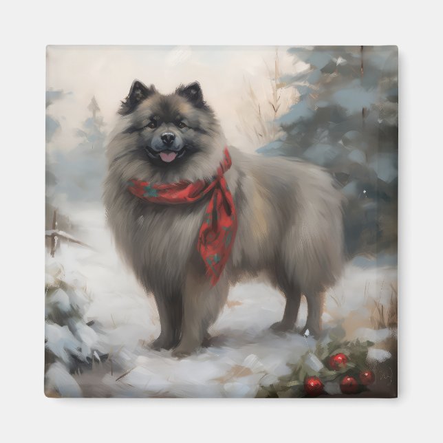 Íman Cachorro Keeshond no Natal da Neve (Frente)