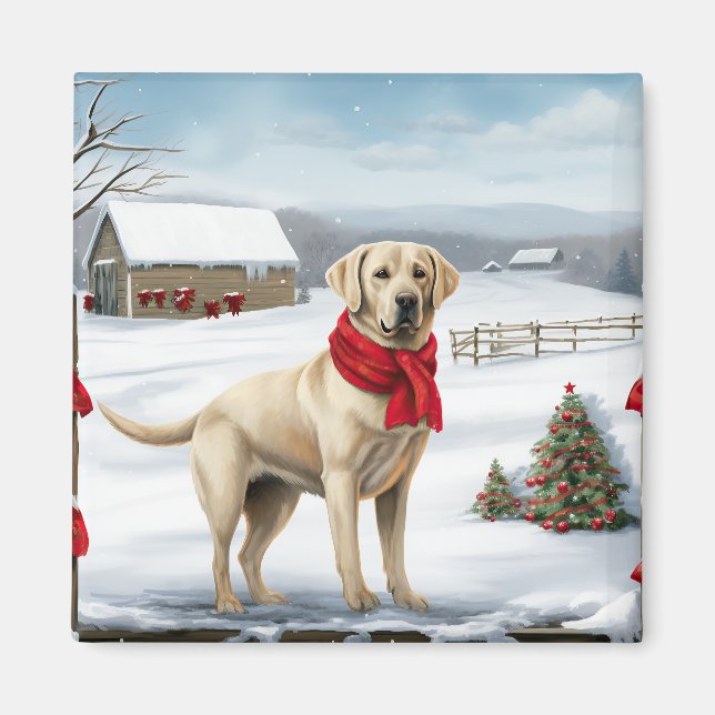 Íman Cachorro Labrador Retriever na Neve Natal (Frente)
