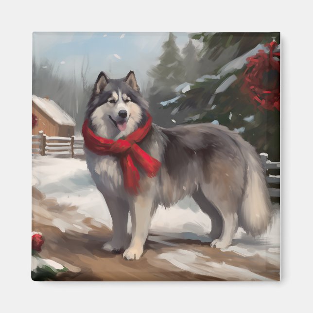 Íman Cachorro Malamute do Alasca na Neve Natal (Frente)