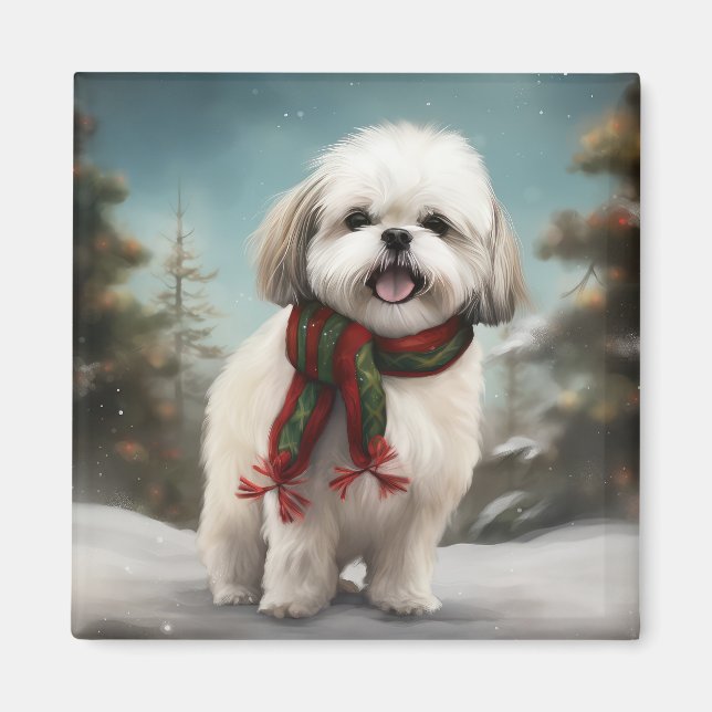 Íman Cachorro Malti Tzu na Neve Natal (Frente)