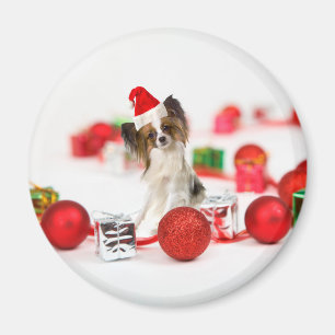 Íman Cachorro Papillon Fofo Chapéu de Natal do Papai No