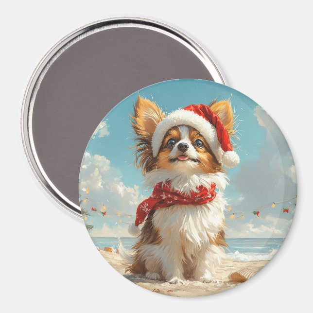 Íman Cachorro Papillon Natal Vintage Praia (Front/Back)