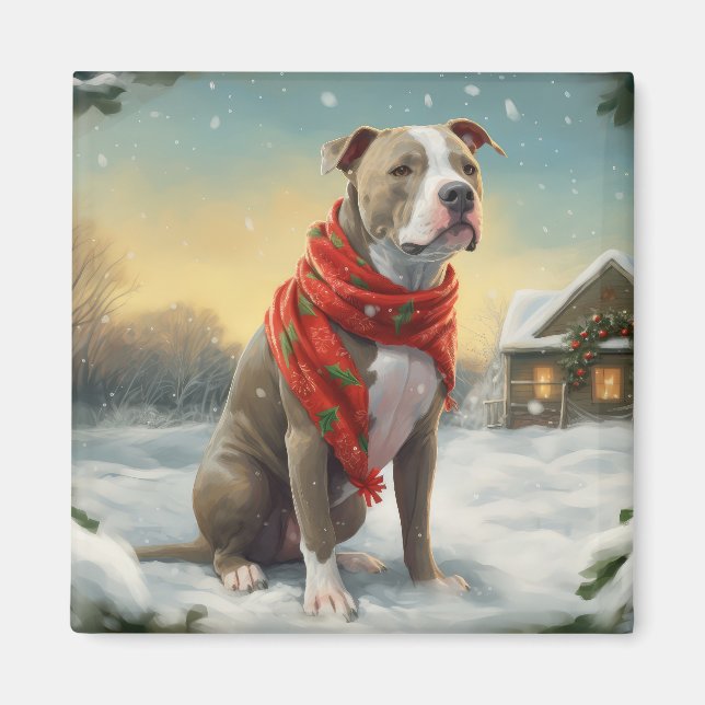 Íman Cachorro Pitbulento no Natal da Neve (Frente)