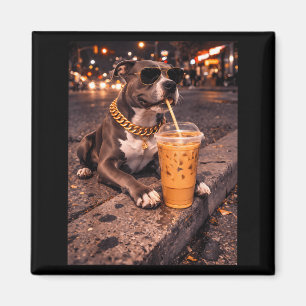 Íman Cachorro Pitbull Engraçado e Legal Bebendo Café Ge