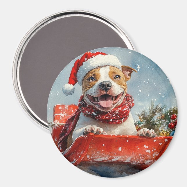 Íman Cachorro Pitbull no Trenó Deixe Nevar Natal (Front/Back)
