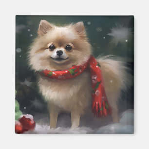 Íman Cachorro Pomerânia na Neve Natal